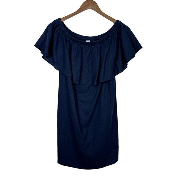 Old Navy | NWT Off the Shoulder Ruffle Navy Blue Linen Blend Shift Dress - Picture 4 of 9